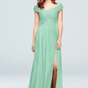 Green chiffon, off shoulder, floor length dress.